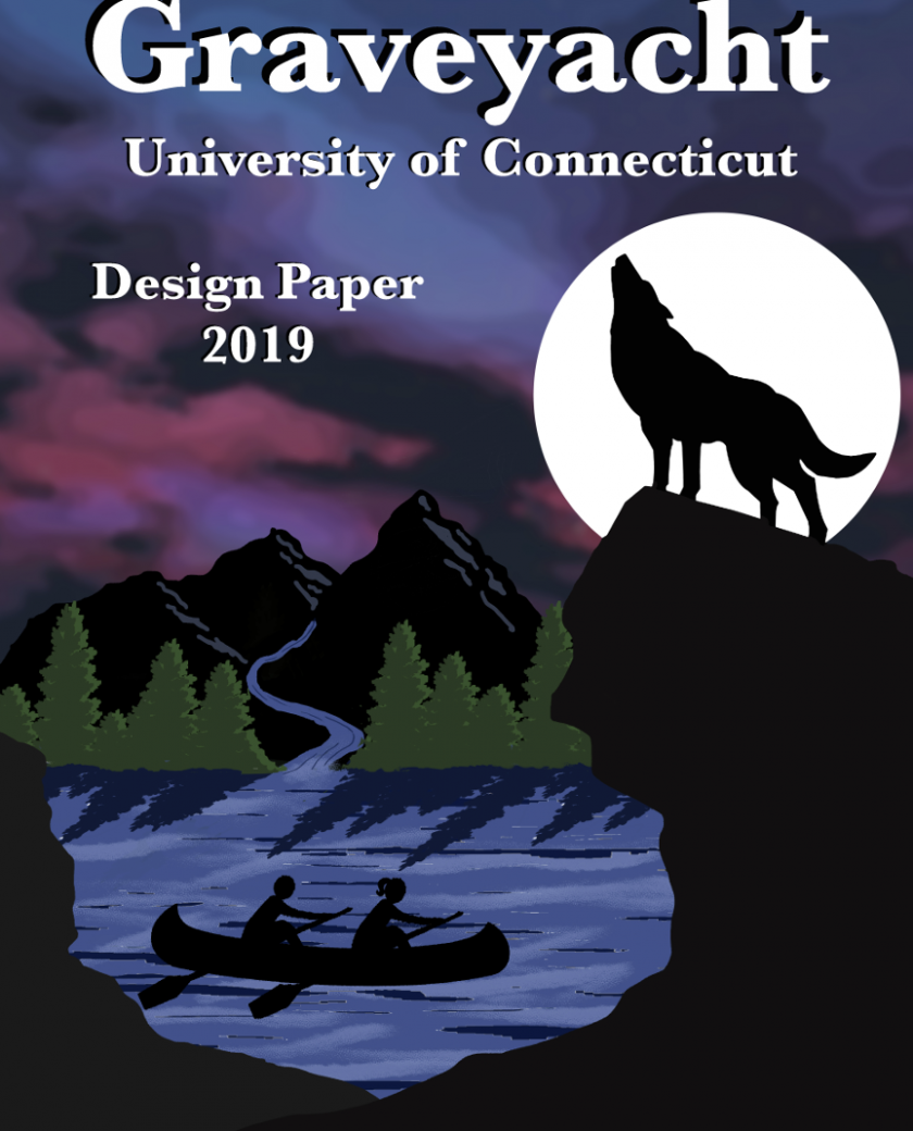 the graveyacht design paper cover which is a wolf howling into the night ontop of a ledge where below are rowers rowing a canoe